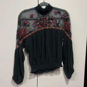 Black long sleeve patterned multicolored mesh top